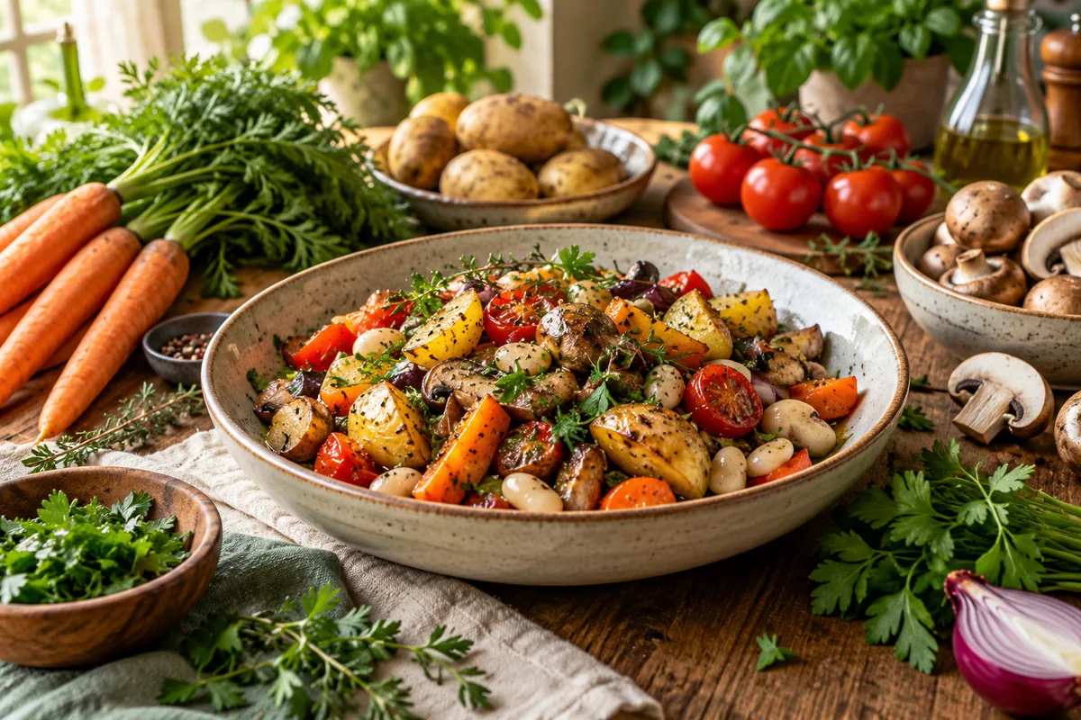Vegetarisches Gemüsegericht mit Bohnen, Kartoffeln und frischen Zutaten auf einem Tisch