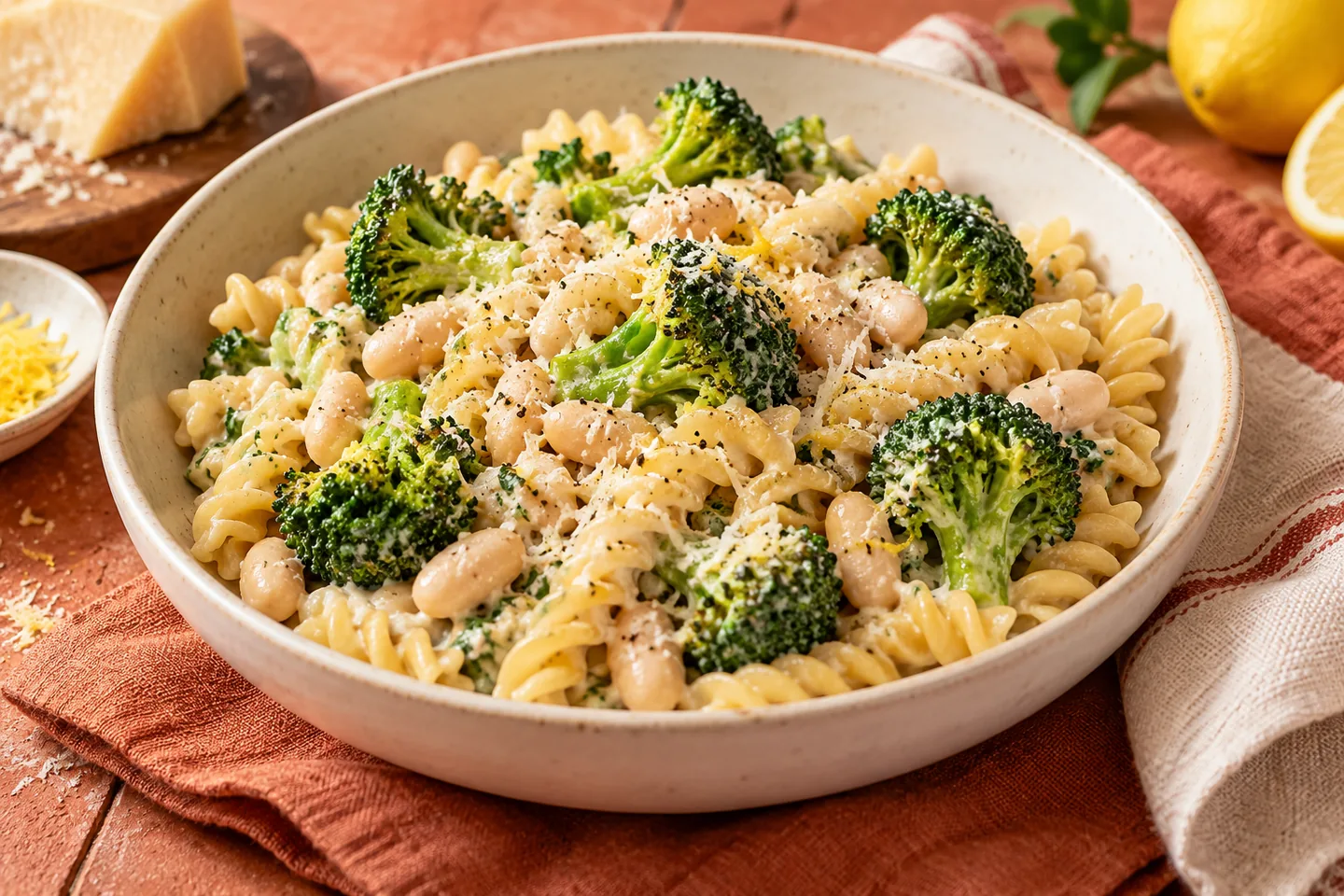 Fusilli mit Brokkoliröschen und weißen Bohnen in einer hellen, cremigen Sauce