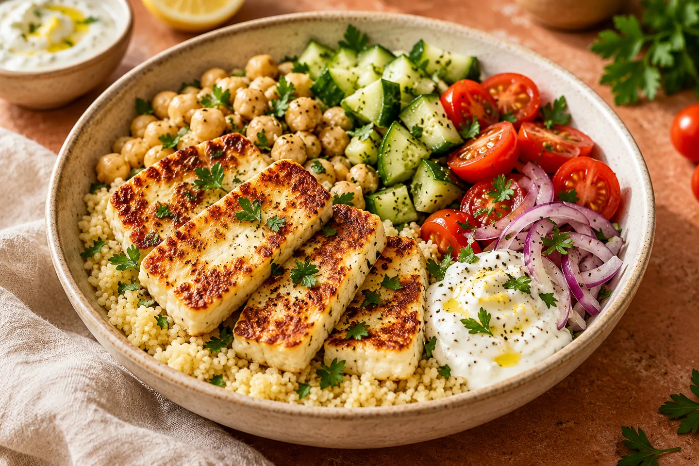 Couscous-Bowl mit gebratenem Halloumi, Kichererbsen, Gurke, Tomaten und Joghurt-Dressing
