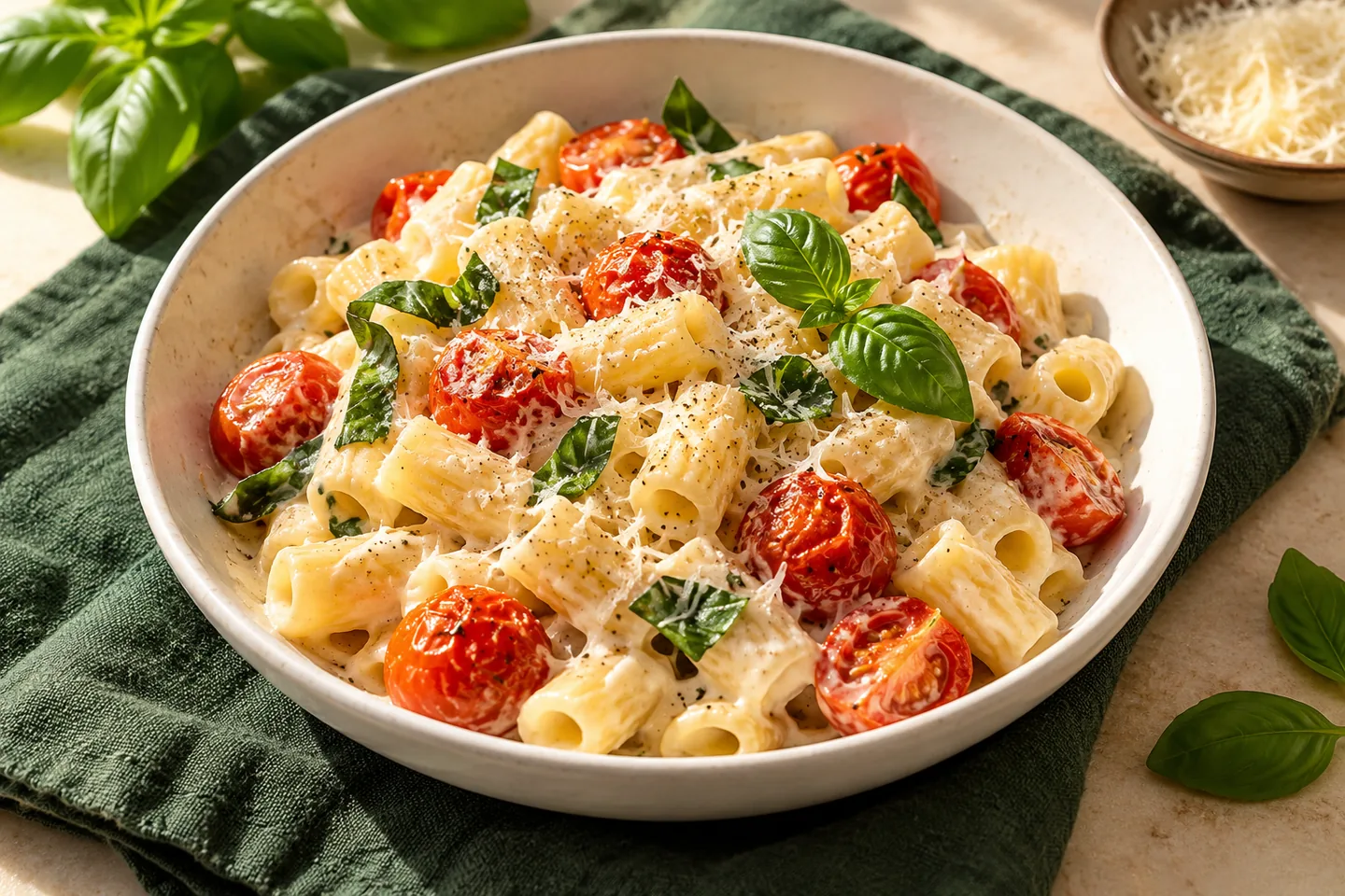 Cremige Pasta mit gebratenen Cherrytomaten und frischem Basilikum in einer Schüssel