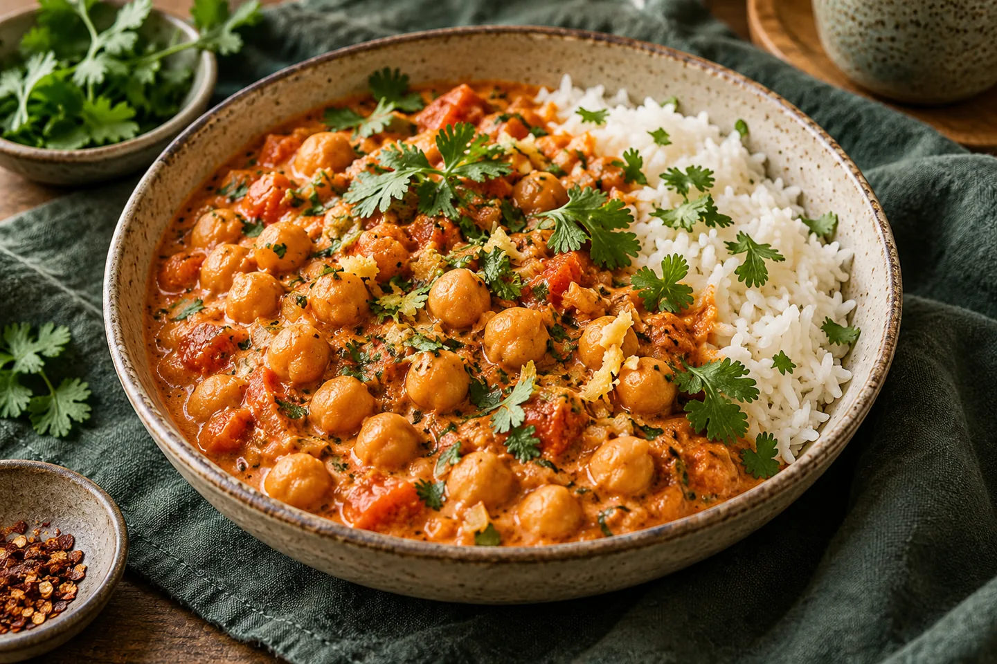 Cremiges Kichererbsen-Curry mit Tomaten, Kokosmilch und Reis in einer Schüssel